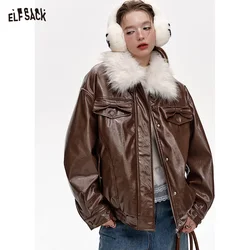 ELFSACK 2024 Winter New Arrivals Plush collar spliced PU thick warm coat for women