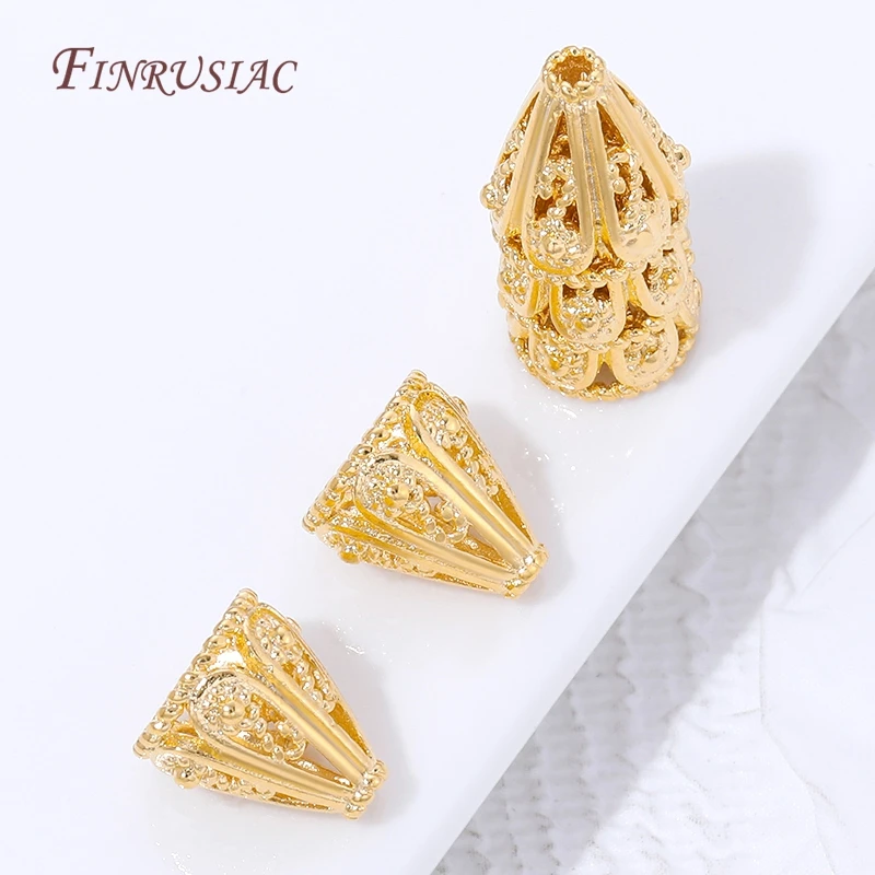 2/4/8Pcs 18K Gold Plated Brass Filigree Cone Bead Caps Vintage Openwork Tassel End Caps For Bracelet Necklace DIY Jewelry Making
