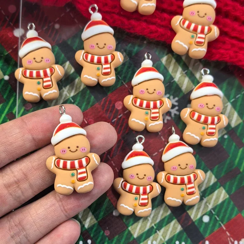 10pcs Christmas Gingerbread Man Resin Charms With Santa Hat Scarf Cookie Pendant Diy Earring Christmas Party Jewelry Findings