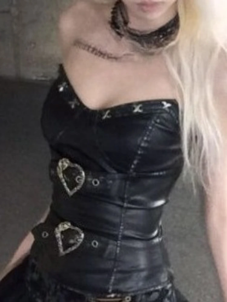 Letni Dwuczęściowy Zestaw Streetwear Vintage PU Bez Pleców Bodycon Top Tube + Damskie Spódniczki Mini Y2K Estetyka Koronkowa Bandage Grunge