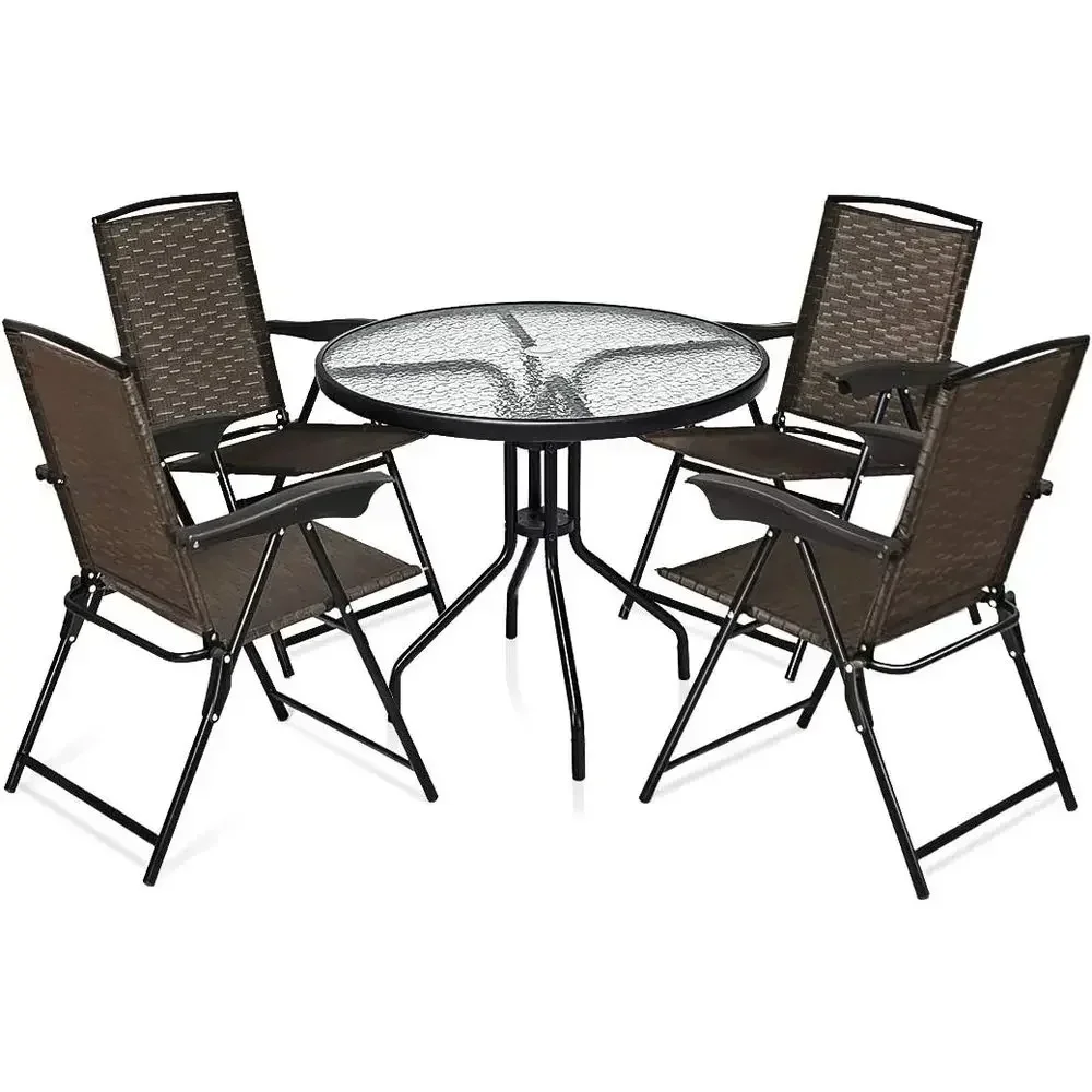 Outdoor 5-Piece Patio Bistro Set with 4 Sling Chairs and Tempered Glass Table with Umbrella Hole