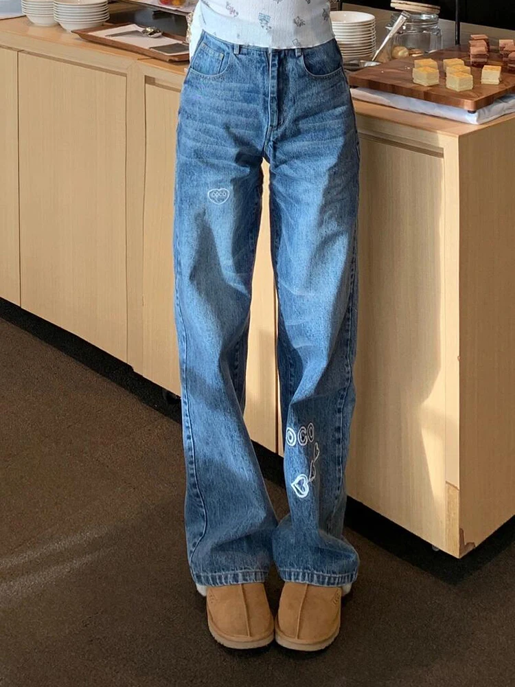 

Синие сердечки с принтом, высокая талия, прямые брюки, свободные утягивающие широкие джинсы длиной до пола, женские весенние 202, новые повседневные брюки