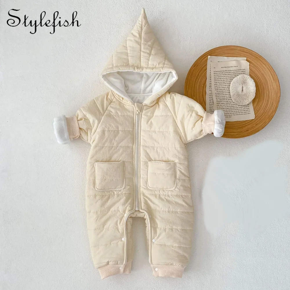 

INS winter new plush and thickened baby boys and girls trend versatile solid color cotton clip hooded long climbing jumpsuit