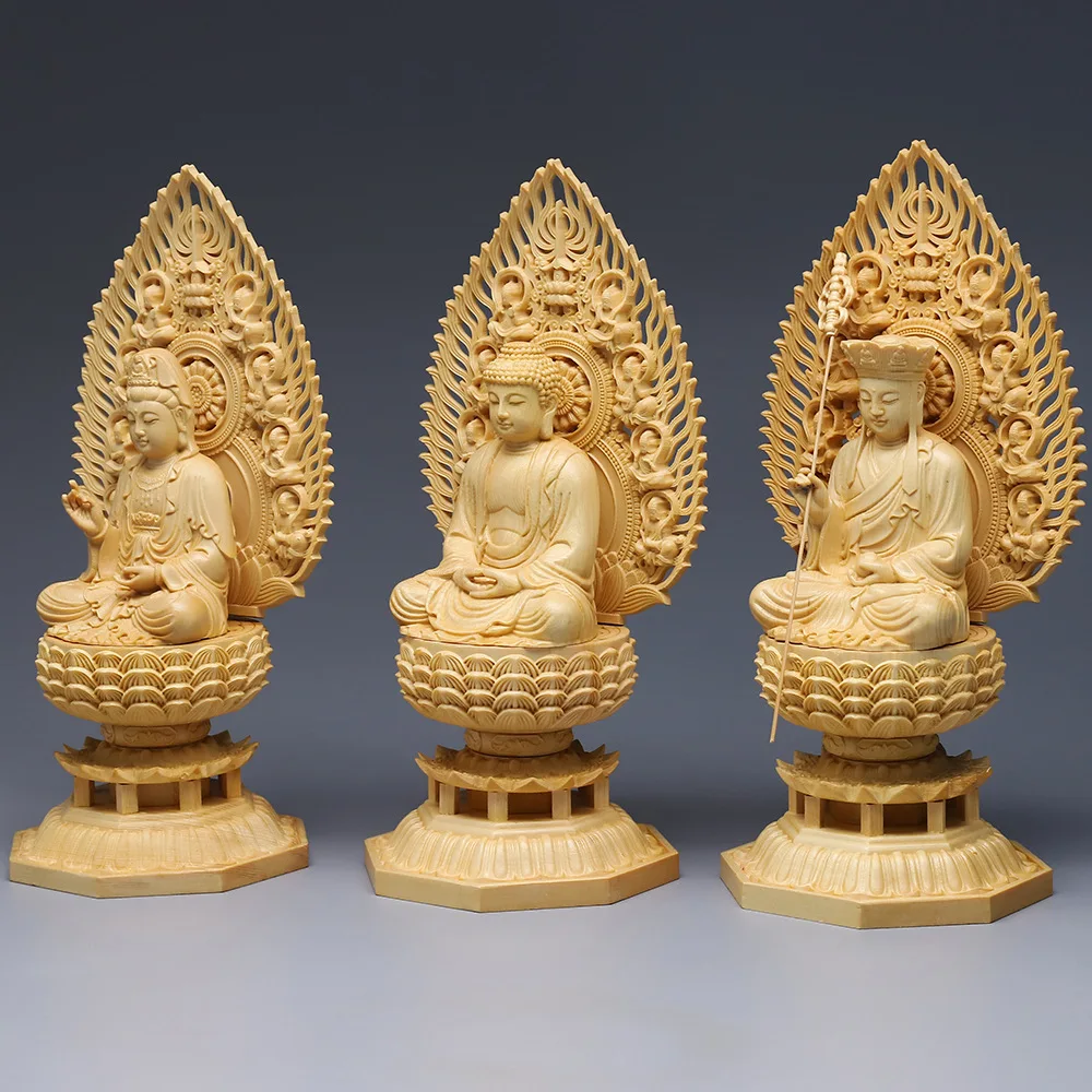 Buddha Statue,Boxwood Carving Western Three Holy Buddha Ornament,11.02