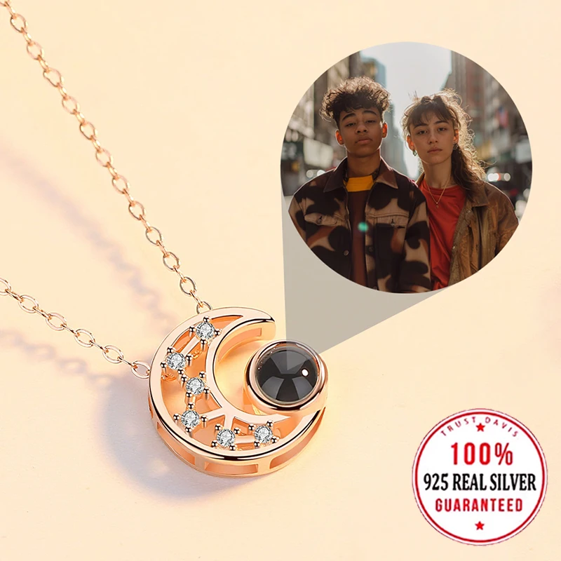 S925 Silvery Custom Color Picture Projection Moon Necklace For Mom Girlfriend 2025 Valentine Mother Day Birthday Romantic Gifts