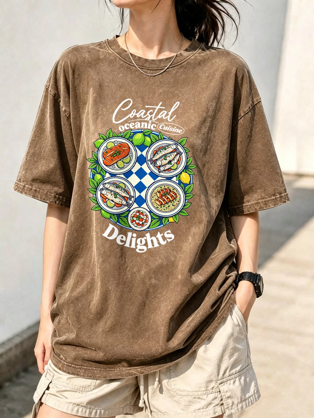 Coastal Delights Seafood Platter Prints Washed T-Shirts Women Oversized Cotton Tops Summer O-Neck Distressed Tees Street Clothes