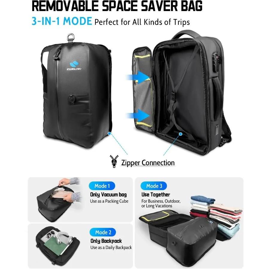 حقيبة ظهر للسفر مضغوطة للتنقل قابلة للإزالة من Zurlig مع حقيبة توفير مساحة قابلة للفصل ومضخة TSA-friendly Carry-On Vacuum Casu #2