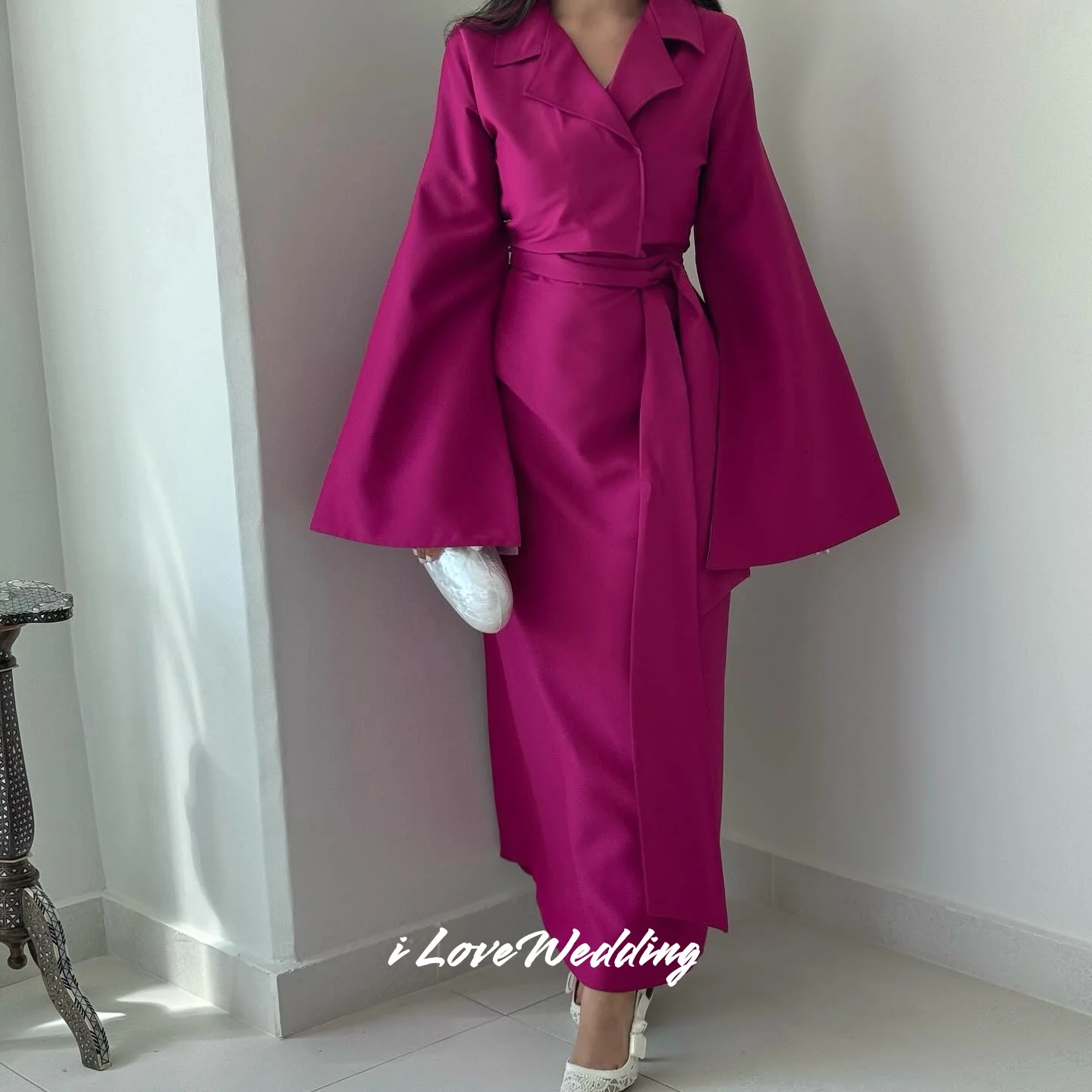

Fuchsia V-Neck Prom Dress 2025 Long Sleeve Mermaid Belt Evening Dress Elegant Ankle-Length Pleat Wedding Party Dress Customized