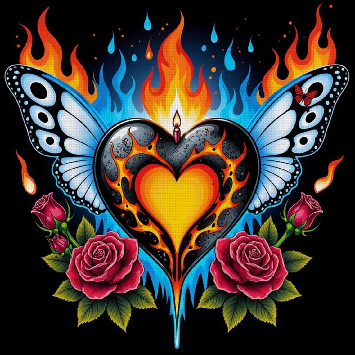 Rose & Flame Herz-Kreuzstich-Set zum Selbermachen, 11CT-Stickerei, Heimwanddekoration, Geschenk, handgefertigtes Material, rahmenlos, halbfertig, 36 x 36 cm