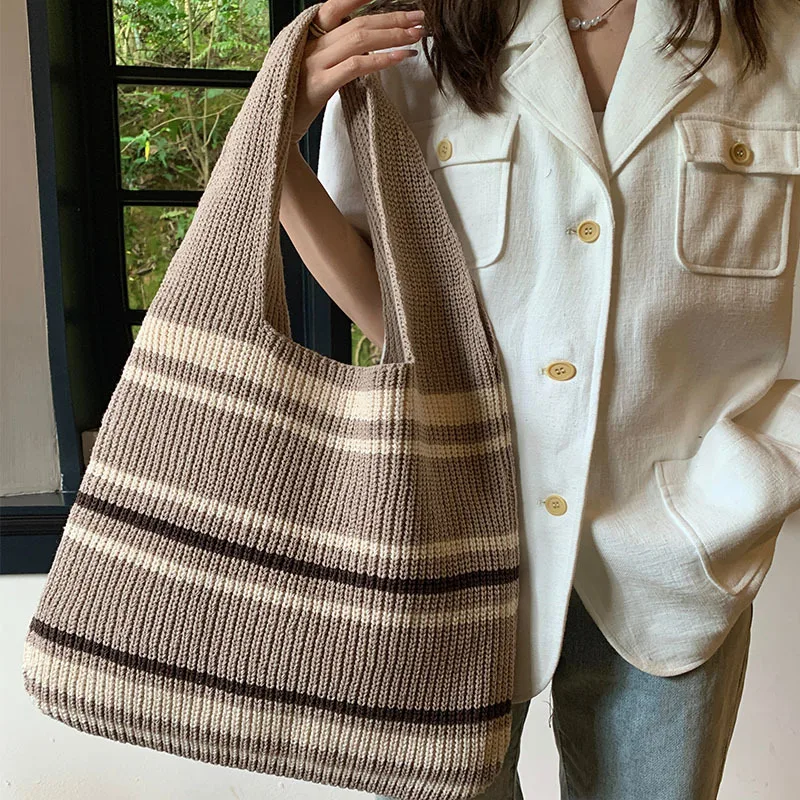 Colorful Striped Shoulder Bag Women's Fashion Designer Large Casual Tote Knit Handwoven Shopping Bag Morandi French Minimalist