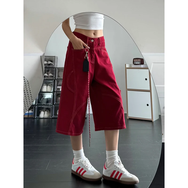 PBAP Woman Multi-pocket Denim Shorts Red Straight Patchwork Jeans Jorts Loose High Waist Bermuda Pants Hiphop Casual Streetwear