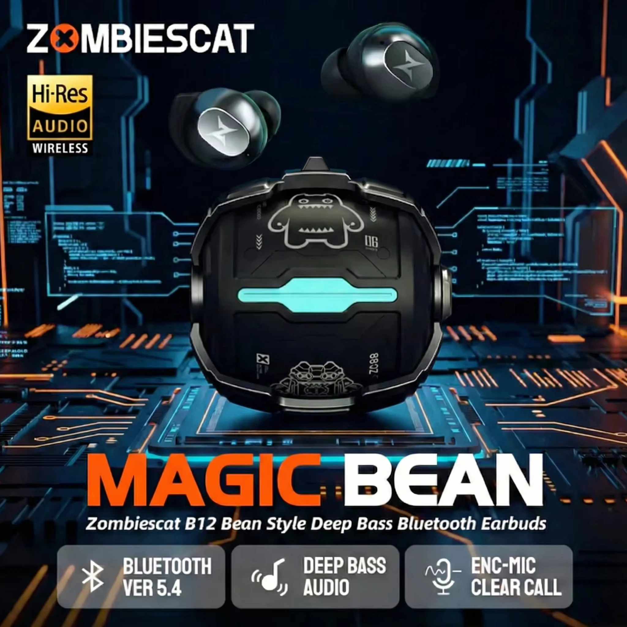 ZOMBIESCAT B12 TWS Wireless Earbuds Bluetooth 5.4 Mecha Spin Design Hi-Fi Stereo Deep Bass Gaming Headphones Invisible Earphones