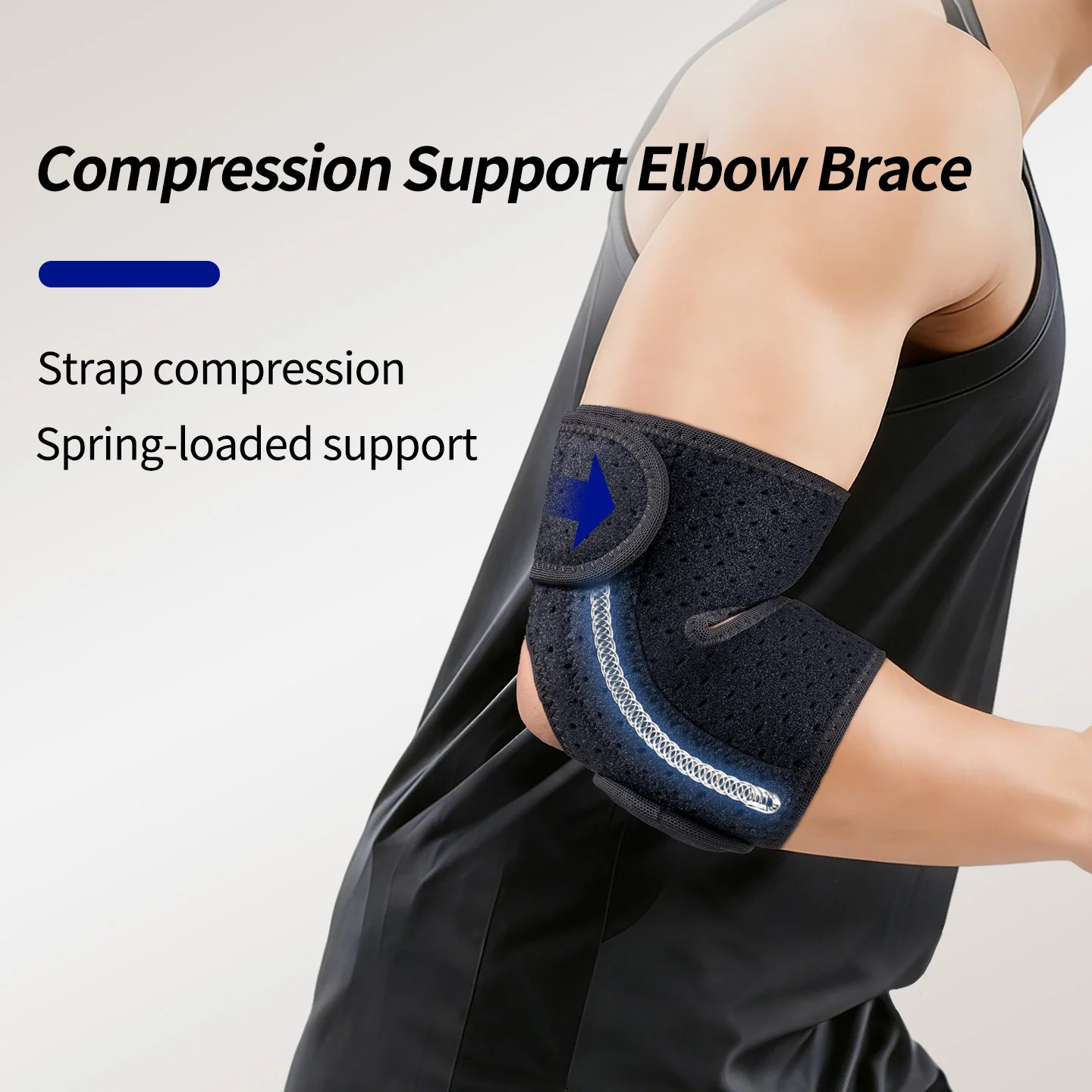 Breathable full-wrap elbow support band with adjustable straps and spring support