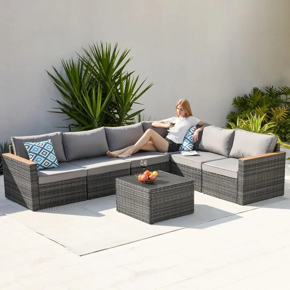 Muebles de mimbre duraderos para exteriores, sofá seccional para Patio, juegos de conversación para Patio trasero, césped, exterior, 7 piezas