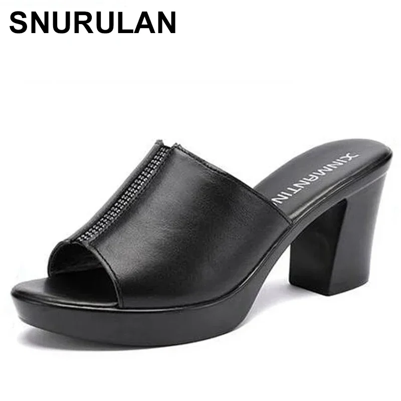 SNURULAN Women Summer Genuine Leather Slippers Ladies Shoes Square High Heel Rhinestone Platform Peep Toe Fashion Mature Female