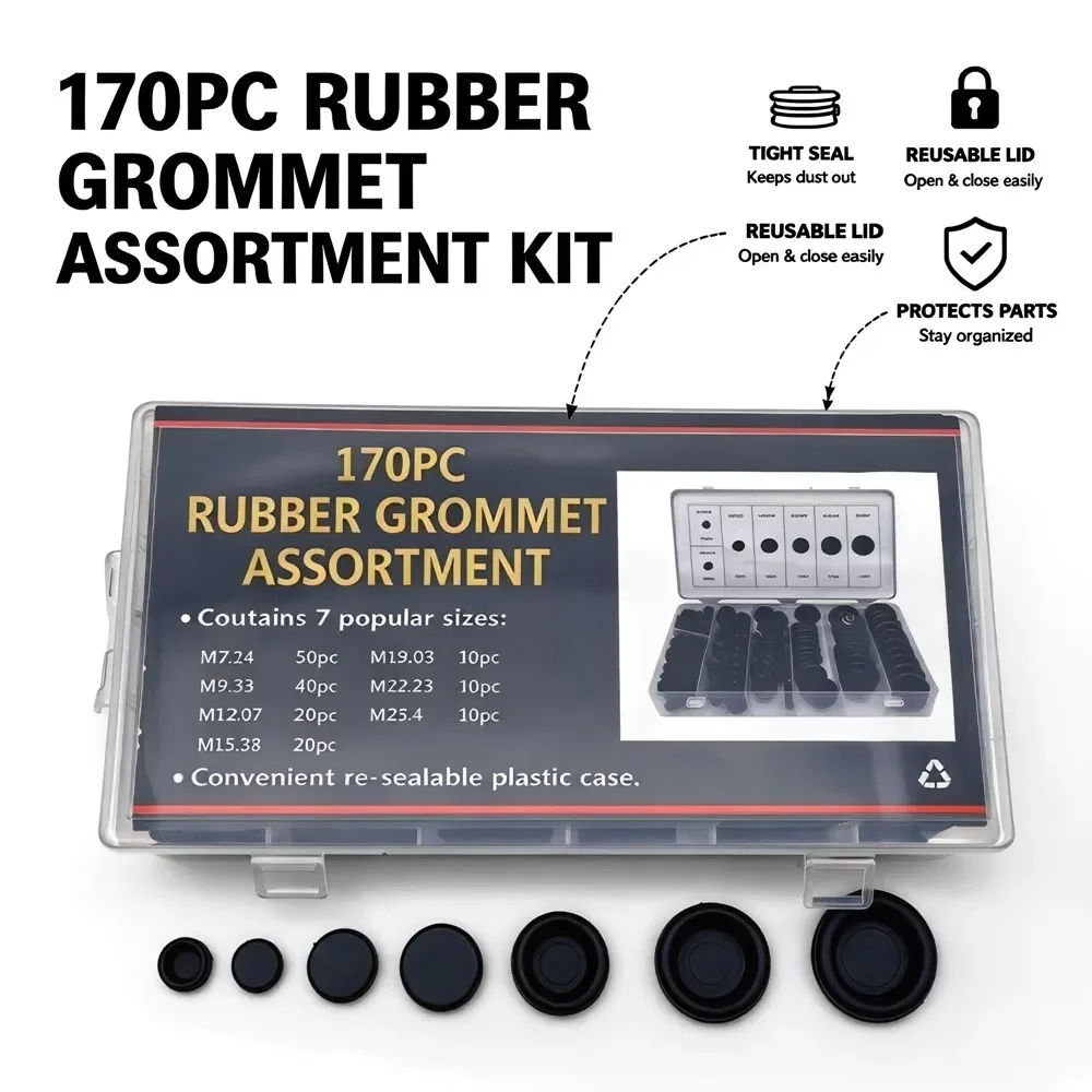 170pcs Rubber Grommet Assortment Kit Waterproof Protect Wire Tool Sets Sealing Rubber Cables Electrical Plugs Conductor Gasket