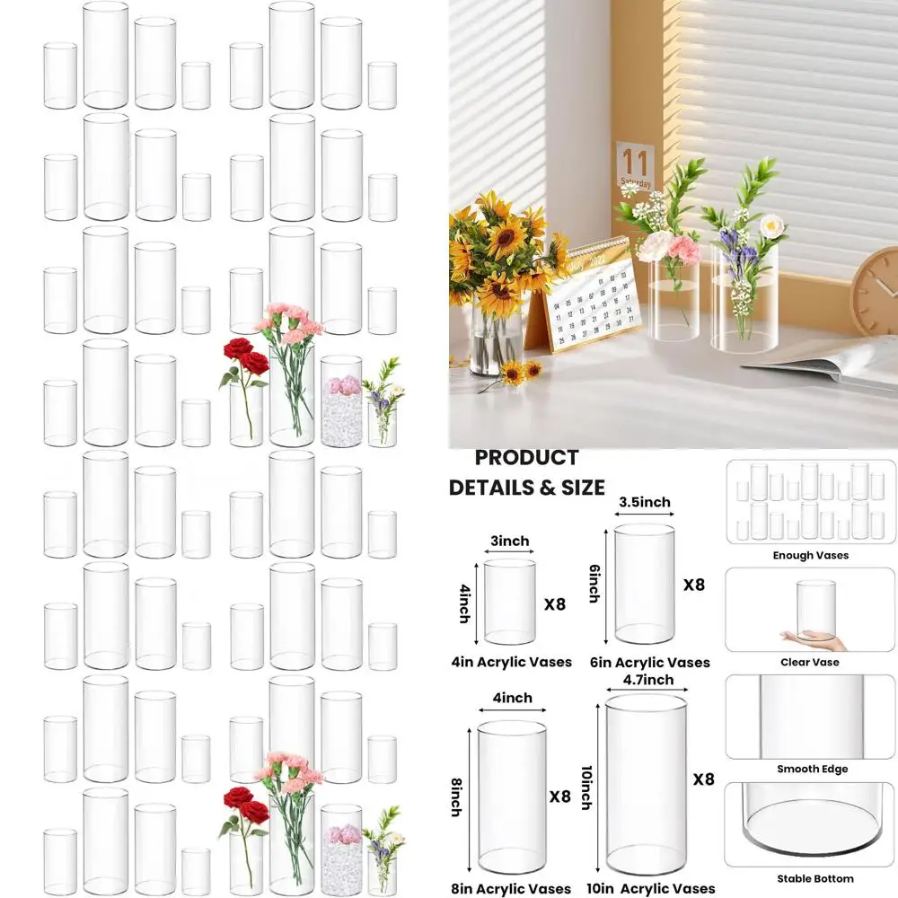 

Set of 32 Clear Acrylic Vases, Various Heights (4-10 Inches), Ideal for Candles, Centerpieces, and Decorative Use
