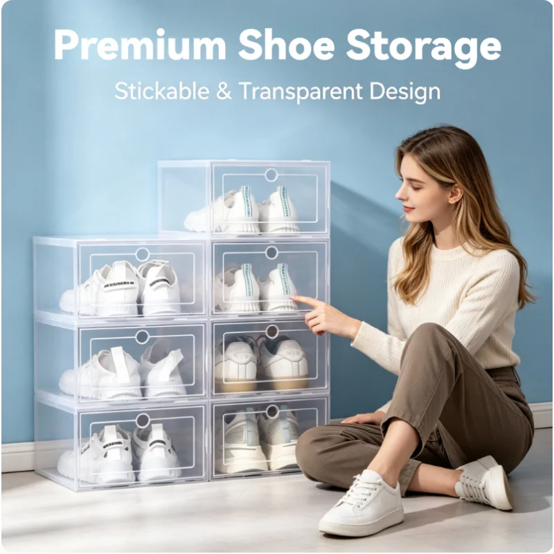6 Pack Stackable Clear Shoe Storage Organizer Plastic Dustproof Sneaker Boxes Closet Bedroom Entryway Shoe Rack for Women