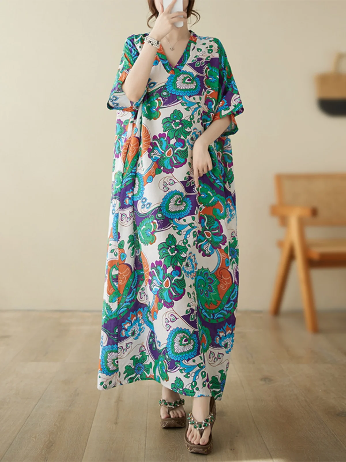 

Хлопковая свободная пляжная юбка большого размера с цветочным принтом, винтажный длинный халат с мясным покрытием, женский тонкий дышащий халат с v-образным вырезом