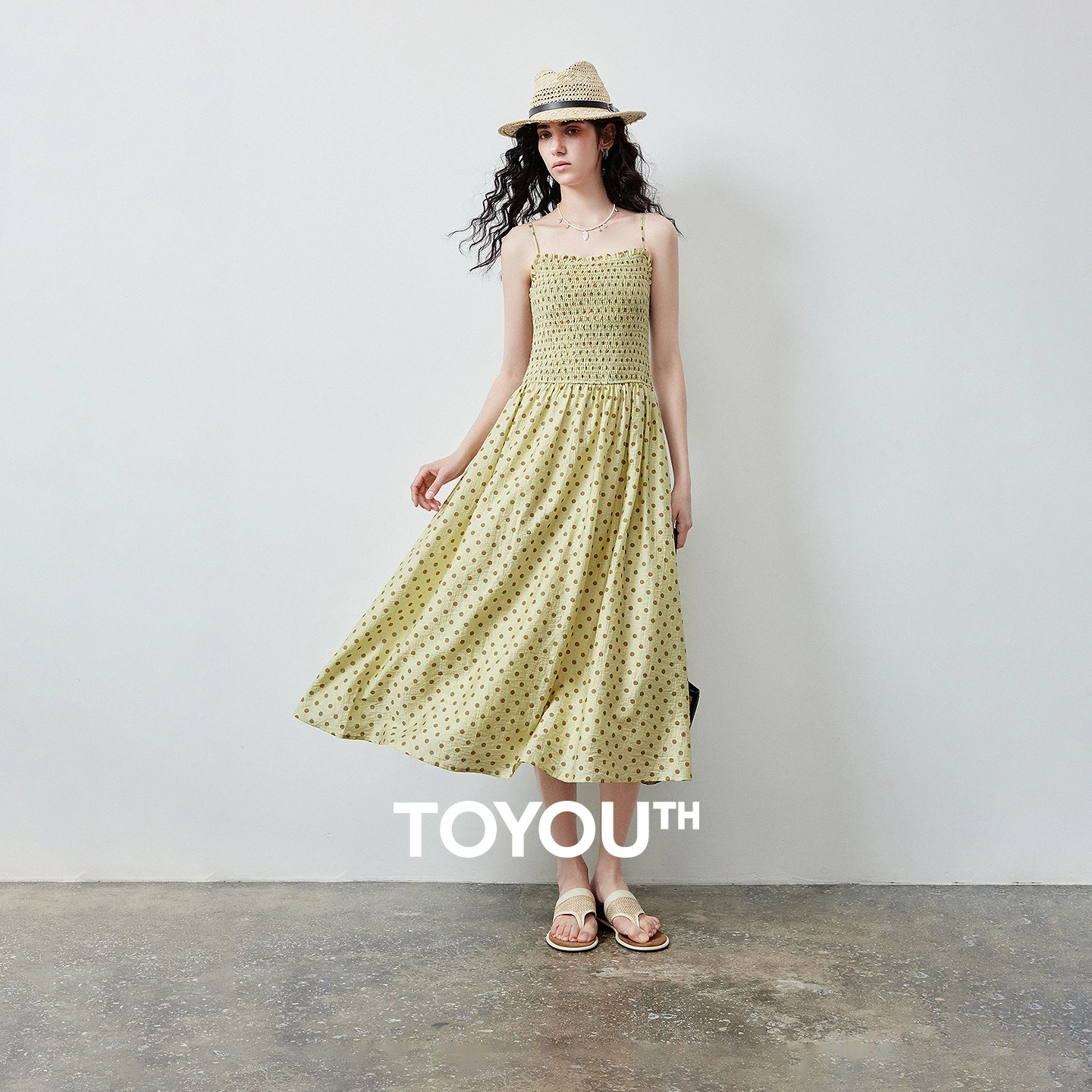 TOYOUTH Women Dresses 2026 Summer New Lyocell Textured Smocked Spaghetti Strap Vintage Light Green Polka Dot Dresses