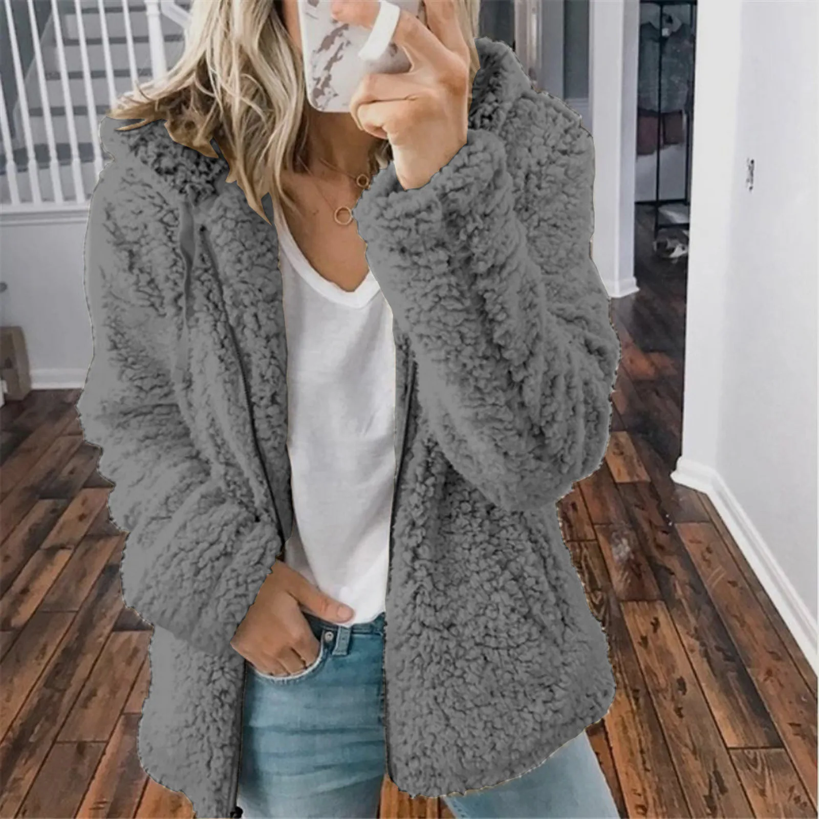 2024 Winter Clothes Women Elegant Bear Teddy Faux Fur Coat Thick Warm Soft Fleece Jacket Female Pocket Zipper Coat Veste Femme