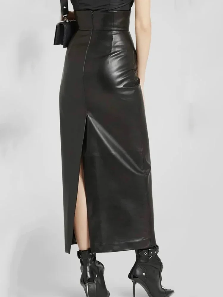 Vintage Black Matte Leather Mid Skirts Women High Waist Straight Skirt Back Hem Split Ladies Elegant PU Long Skirt Party Custom