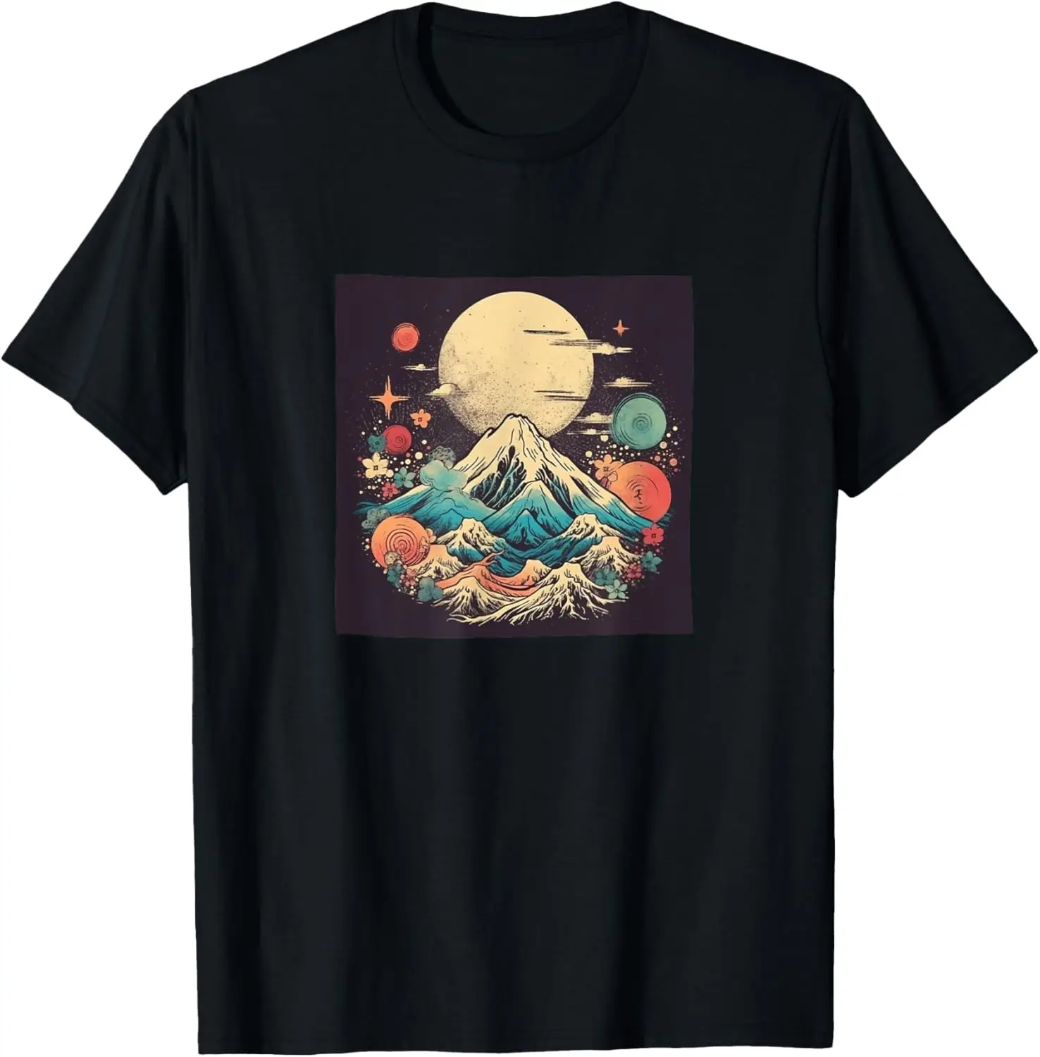 Camiseta gráfica da lua dos estrelas e elementos celestiais do Monte Fuji