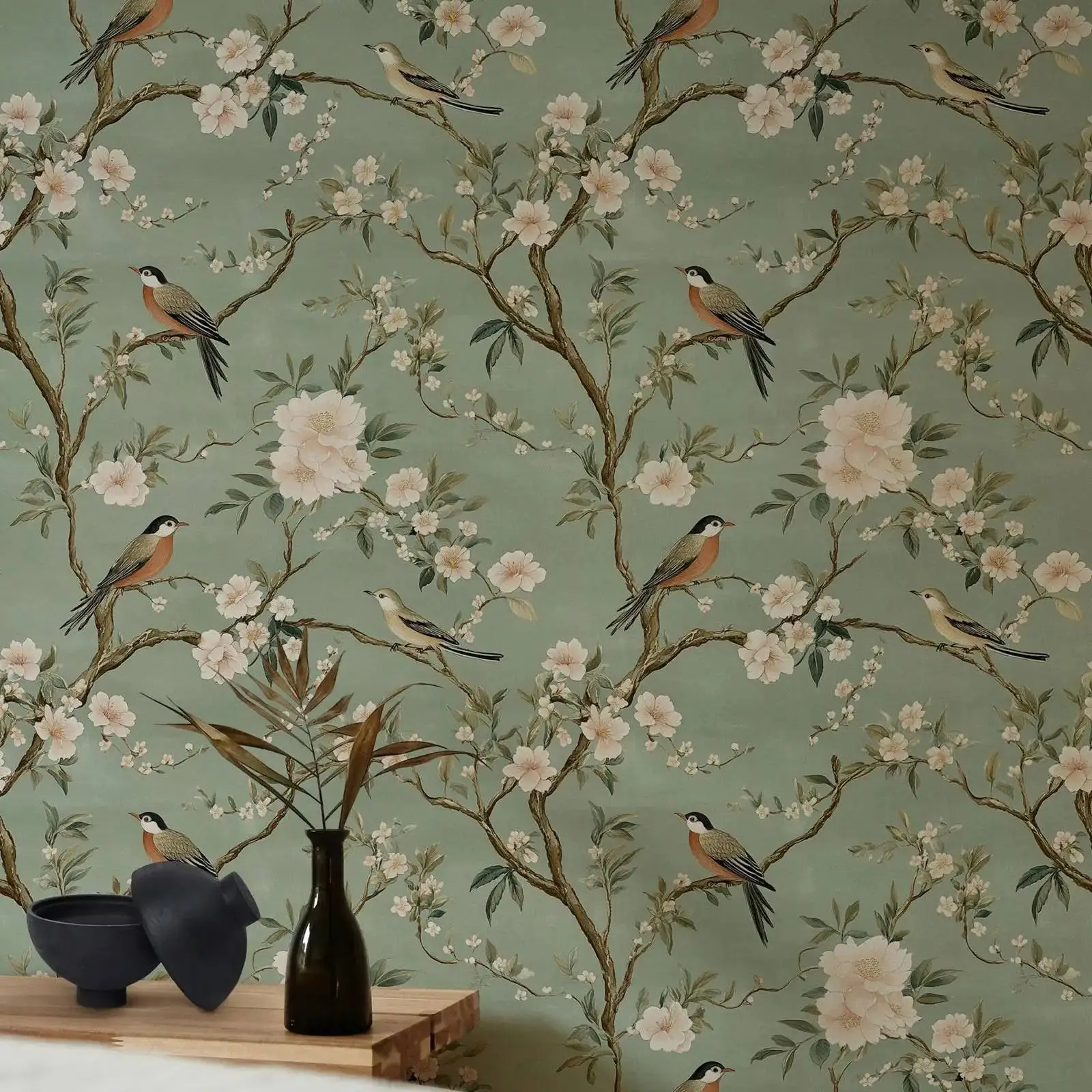 Charming Bird and Blossom Wallpaper Peel and Stick,Elegant Green Botanical Mural For Sophisticated Wall,Self-adhesive /Un-paste