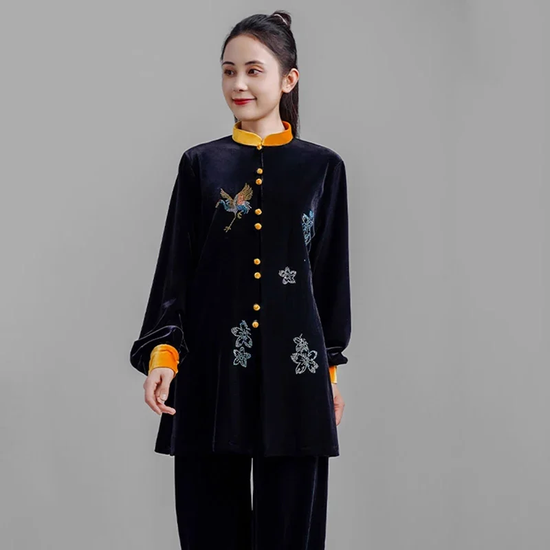 Kun Master Thicken Velvet Taichi Uniform Elegant Winter Martial Arts Suit Embroidery Kung Fu Clothes Taiji for Women