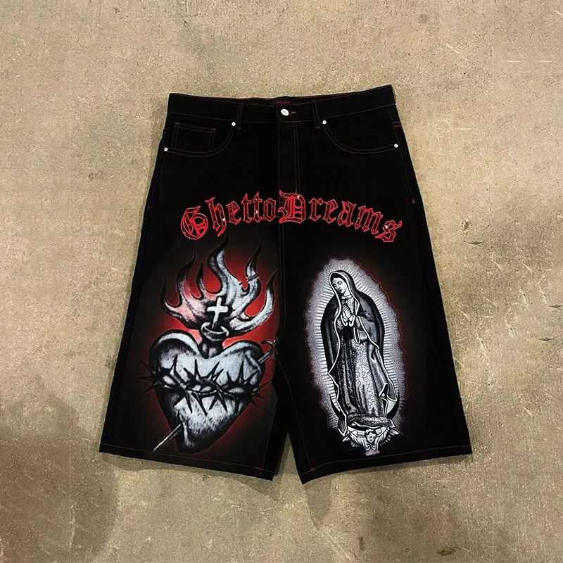 Y2K Fashion Vintage Jeans Flame Cross Heart Pattern Printing Casual Comfortable Denim Shorts Men Women Hip Hop Trend Streetwear