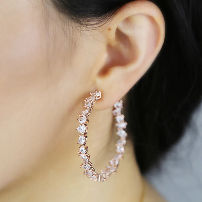 High Quality Rectangle Round Cubic Zirconia Various Shaped Hoops Earring Luxury Iced Out Bling CZ 45mm Big Huggie Women Jewelry
