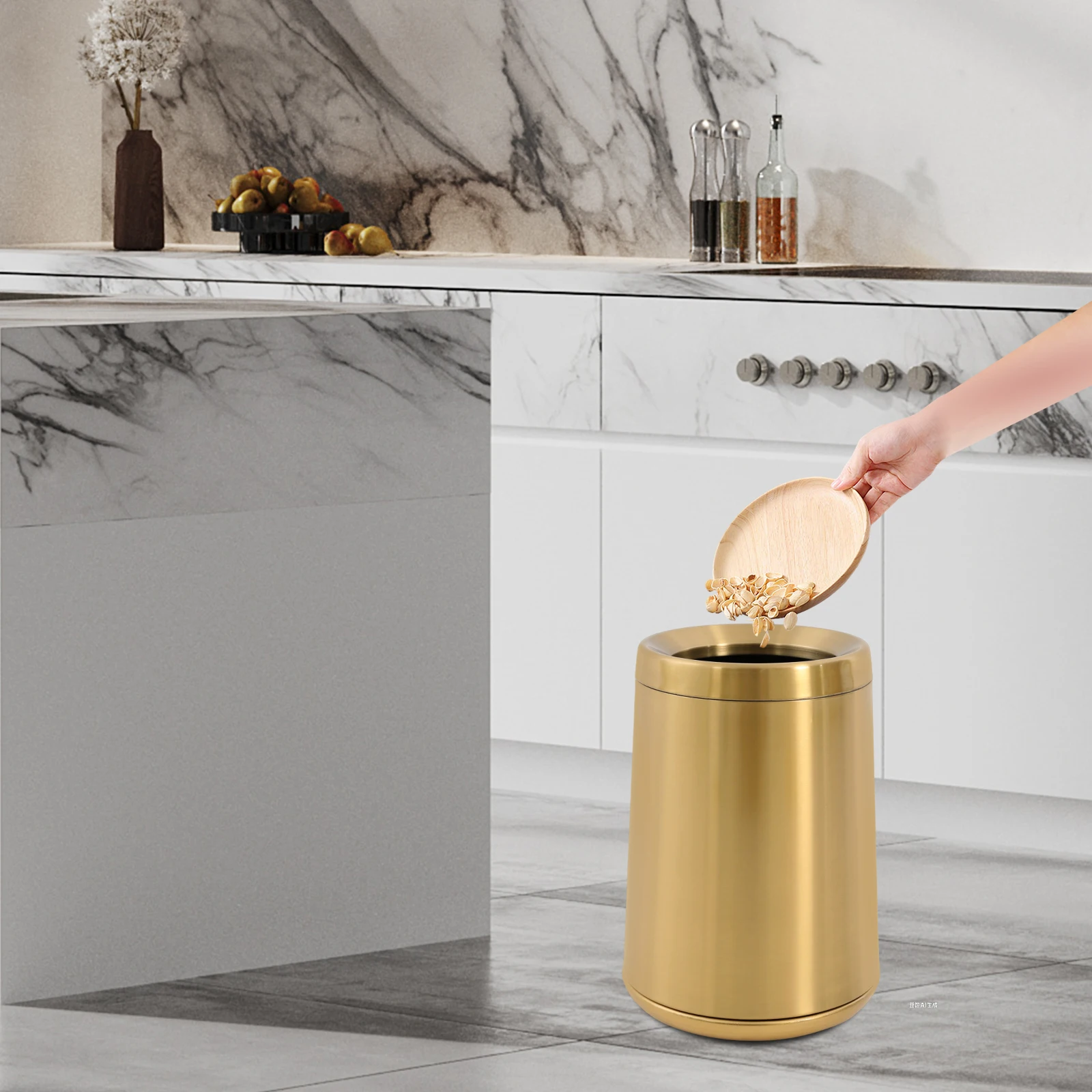 

Gold-plated Stainless Steel 24.5x34cm Trash Can 16-liter Large-capacity Kitchen and Bathroom Gold-plated Trash Can