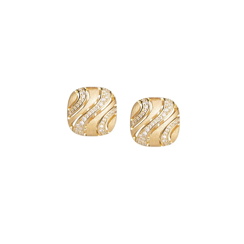 Buccella style romantic geometric inlaid zircon atmospheric and beautiful wave earrings S925 sterling silver gold-plated brushed