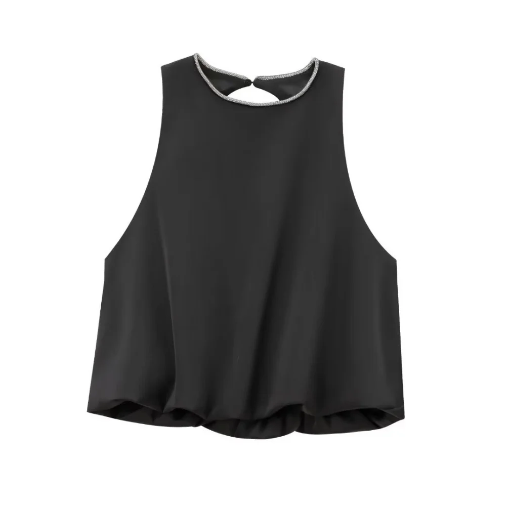 Women's simple and versatile backless balloon version top sleeveless round neck autumn and winter new fashion short top