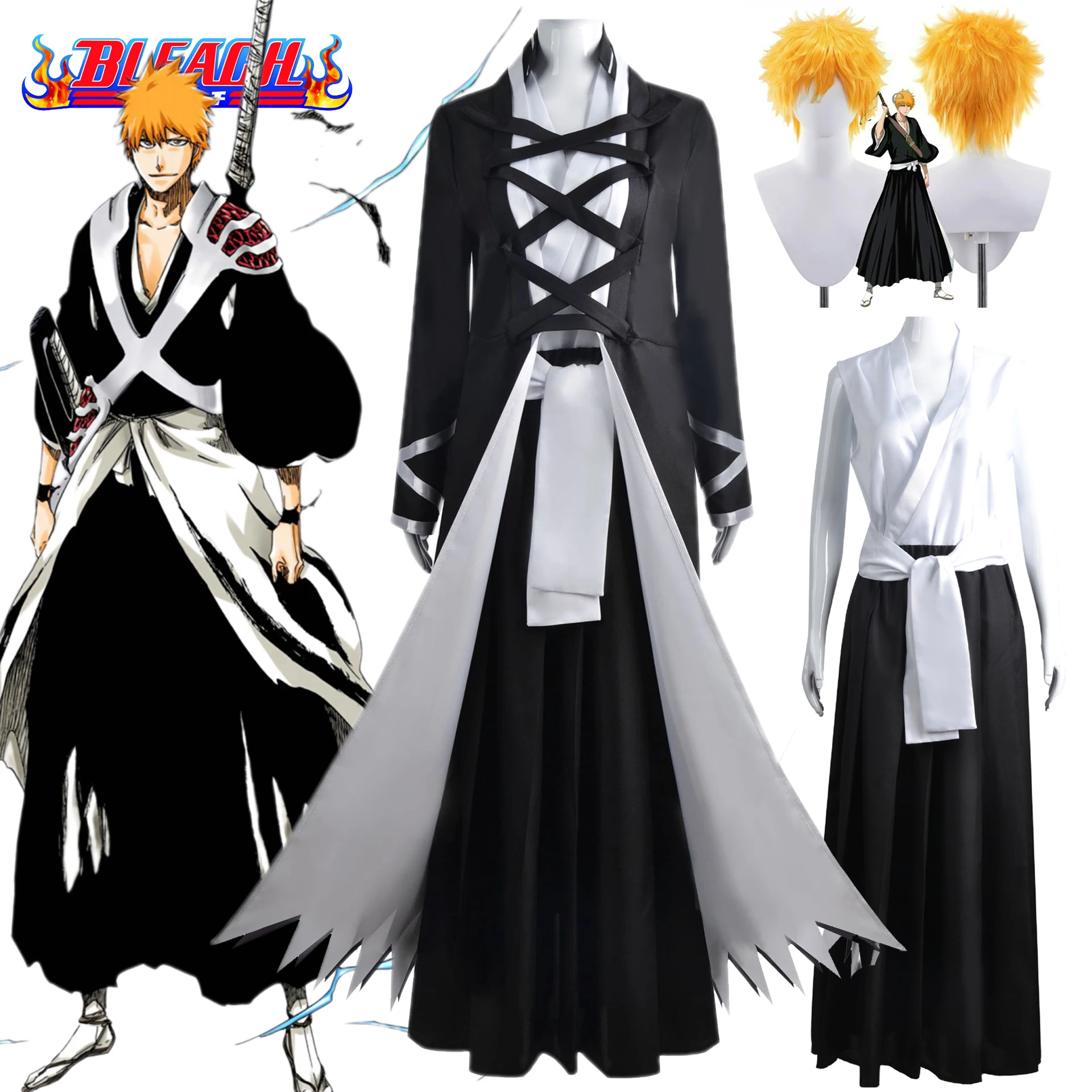 

Anime Kurosaki Ichigo Cosplay Costume BLEACH Japanese Kimono Cosplay Wig Black White Outfit Halloween Role Play Uniform for Men