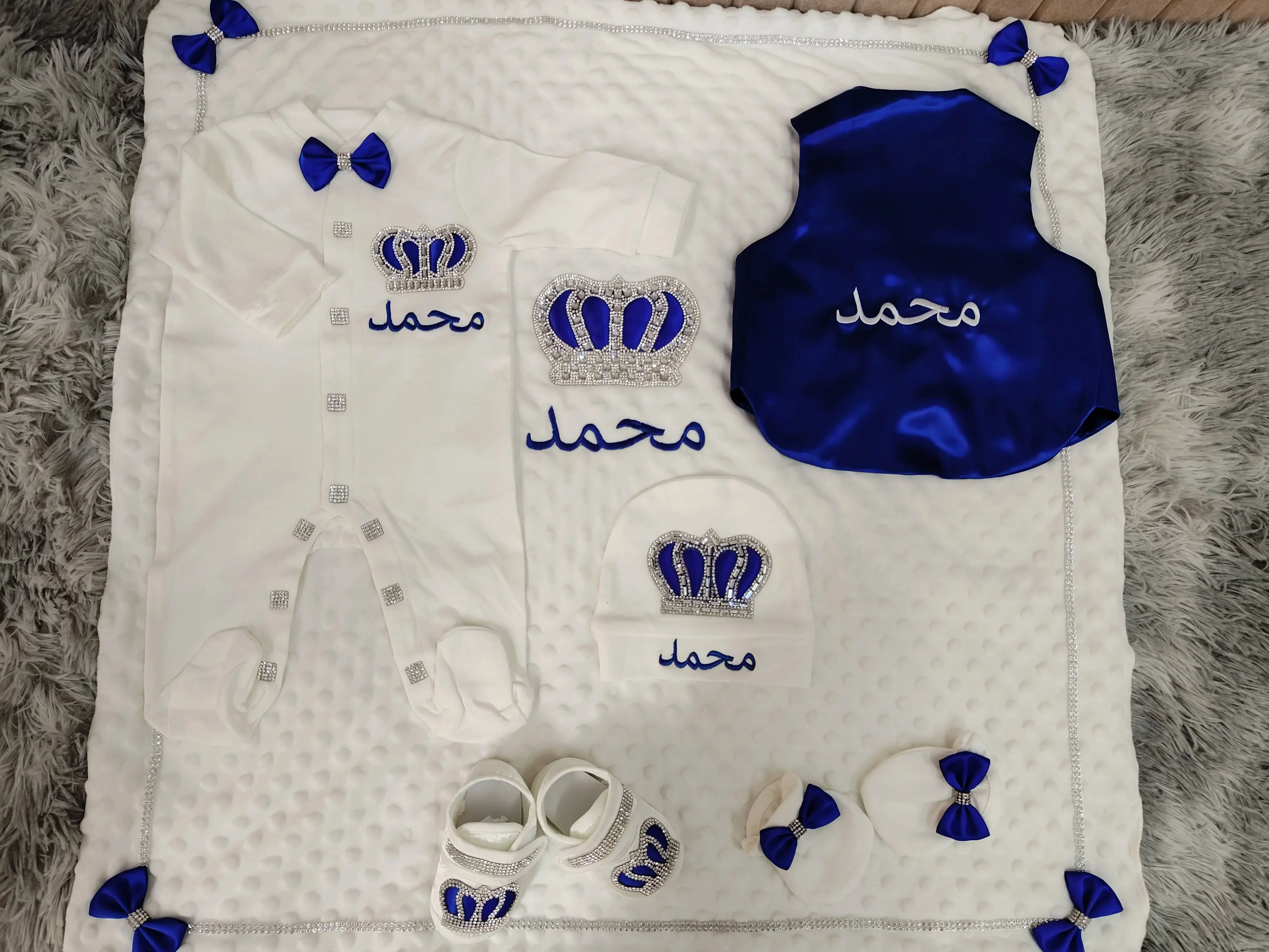 Majestic Custom Arabic Name Crown Baby 6PCS Newborn Boy Baptism Christening Royal Blue Satin Prince Footed Romper Set