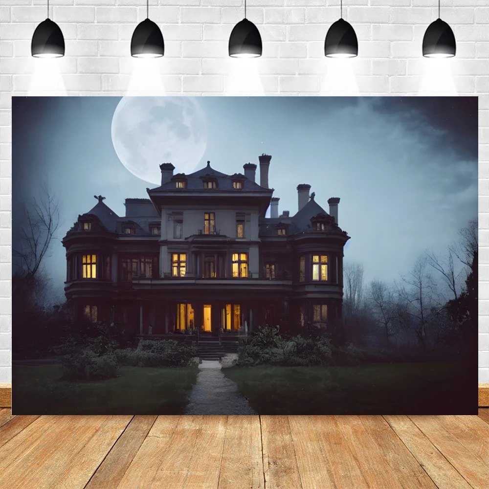 Horror Castle Halloween Photography Backdrop Horror Forest Full Moon Night Pumpkin Lantern Tombstone Halloween Photo Background