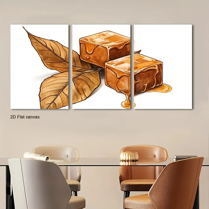 Frameless canvas 3pcs Modern Caramel & Wall Art - Neutral / Caramel Cubes & Vegetation Print, Wrapped Canvas Frames Ready To