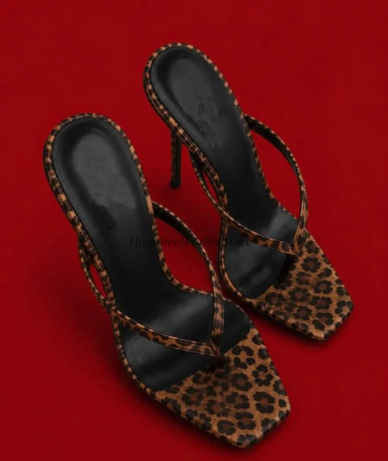 Women's Square toe sexy flip-flops 2026 summer new Cow Print Thong Mule Heels stilettos big size good quality party shoes