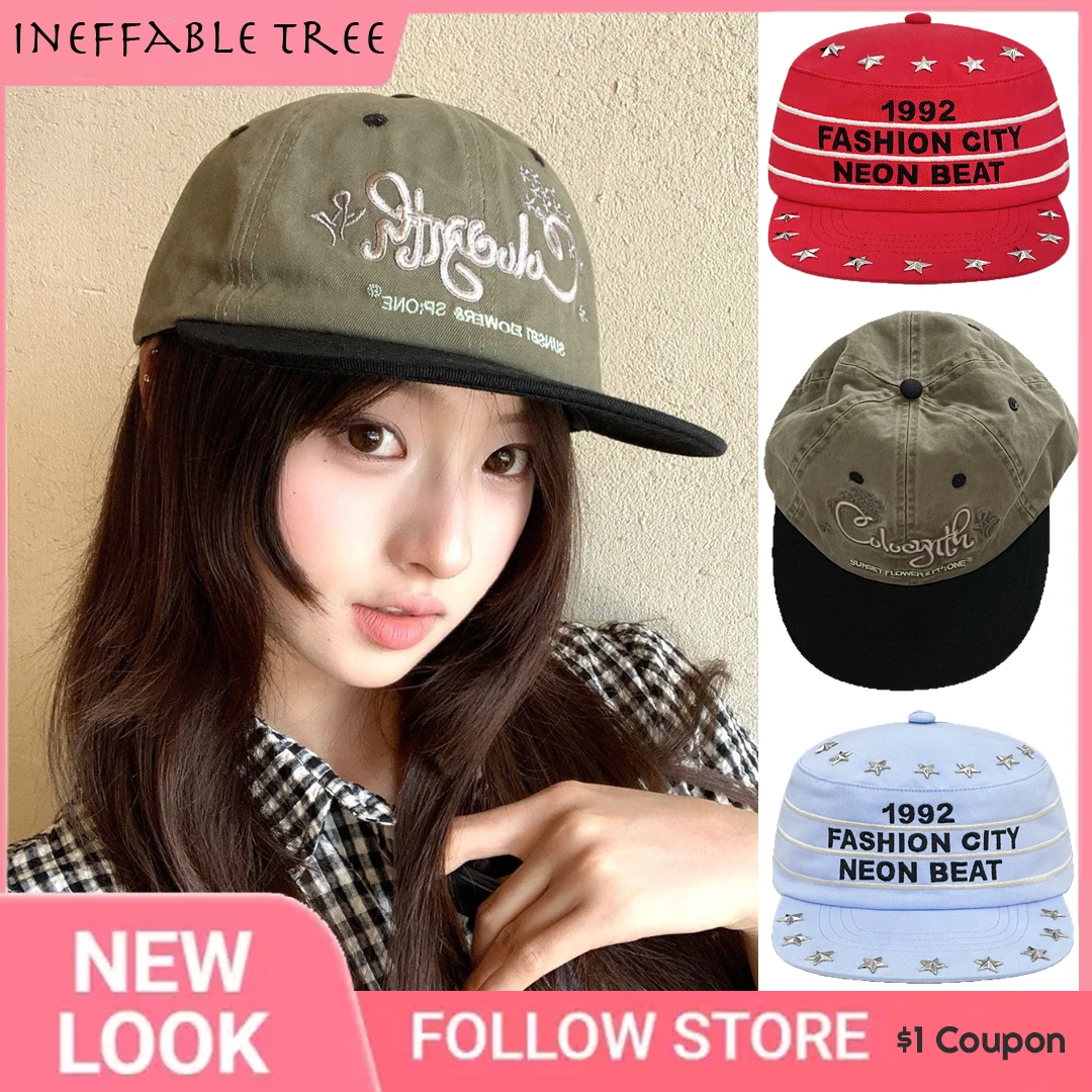 Bonés Y2K com Aba Reta e Bordado de Letras e Estrelas para Mulheres, Boné Casual Kpop Snapback com Aba Reta, Gorras de Beisebol