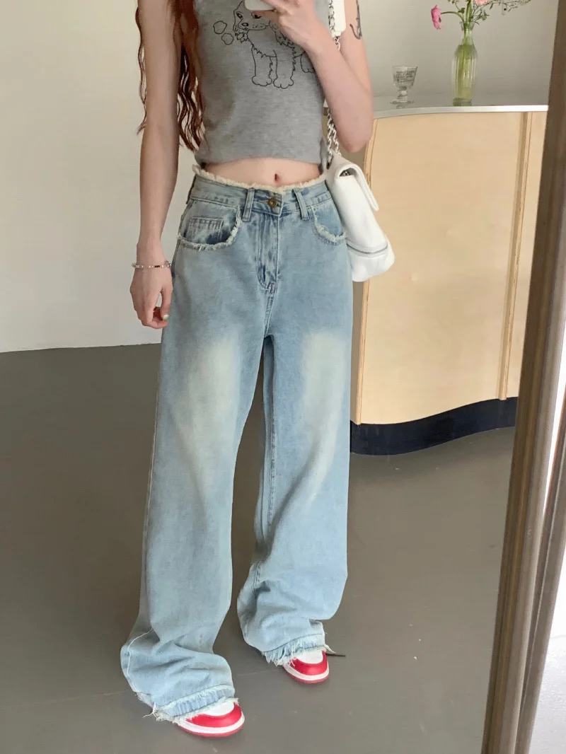 Washed Blue Ragged Edge Jeans For Women's Autumn 2023 New High Waist Floor Sweeping Wide Leg Pants Straight Leg Pants