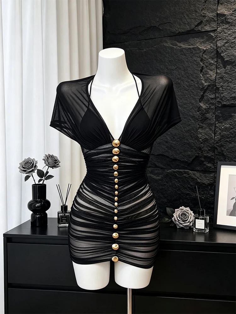 

Elegant Deep V-neck Pleated Mesh Dress Women's Slimming Bodycon Skirt Sexy Polyester Fiber Mid-thickness Summer Dress