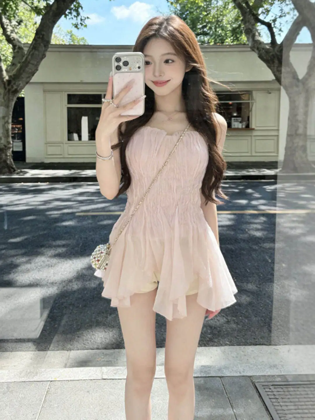 

Slimming Pink Shoulder-baring Waist-cinching Women's Shirt Summer New Style Commute Korean Style Long Sleeve Formal Shirt