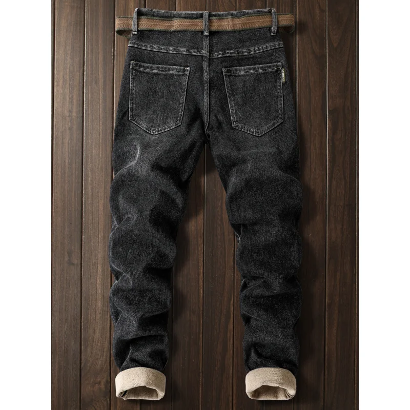 2025 الشتاء الصوف الدافئة الجينز الرجال موضة مطاطا بناطيل ضيقة التطريز عادية سماكة الرجال السراويل