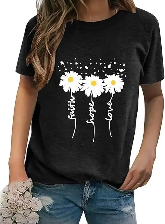 Crewneck Daisy Print Short Sleeve T-Shirts Summer Faith-Hope-Love Raglan