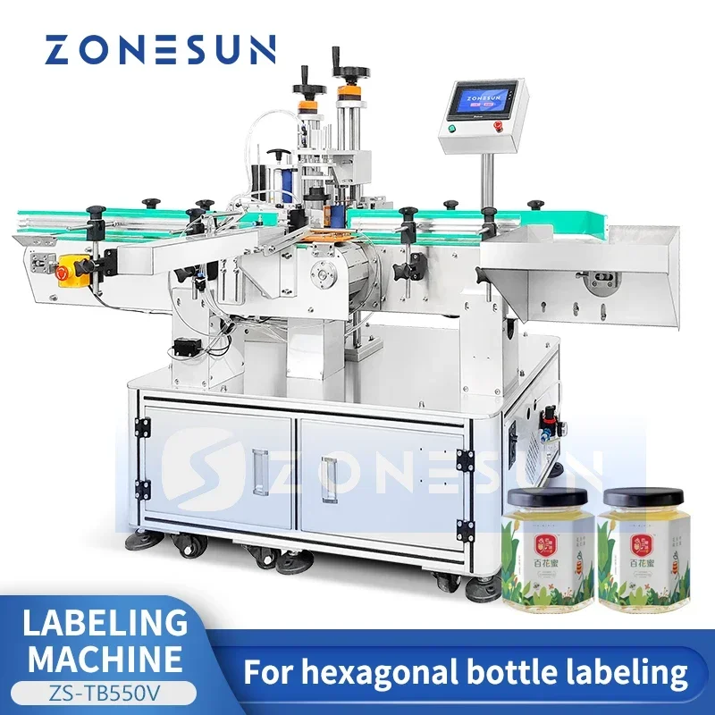 ZONESUN التلقائي قضيب التسمية مضلع آلة وضع العلامات على الزجاجات آلة توزيع الملصقات حاوية غير منتظمة ZS-TB550V