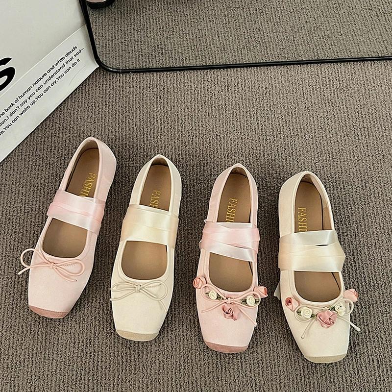 Luxury Lace Tie Leg Satin Silk Ballet Flats Woman Square Toe Bowknot Elastic Band Ballerinas Ladies Wedding Floral Shoes