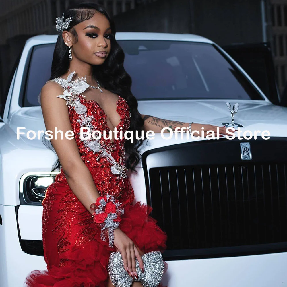 Luxury Red Mermaid Prom Dresses For Special Occasions Ruffles Birthday Party Dress Diamonds Bead Graduation Gown Customized