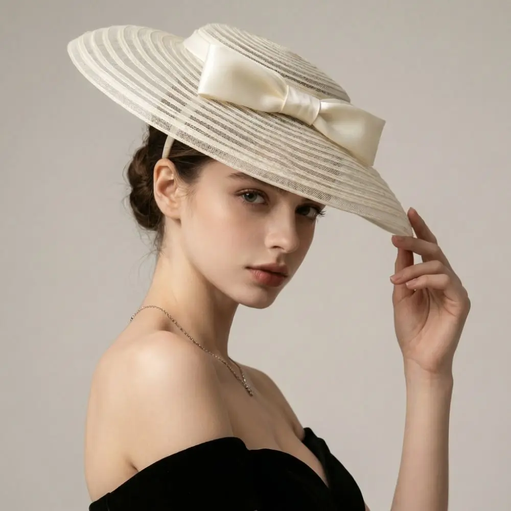 

Retro Exquisite Mesh Bow Headband Elegant Wide Brim Mesh Pillbox Hat French Retro Masquerade Hair Band Wedding