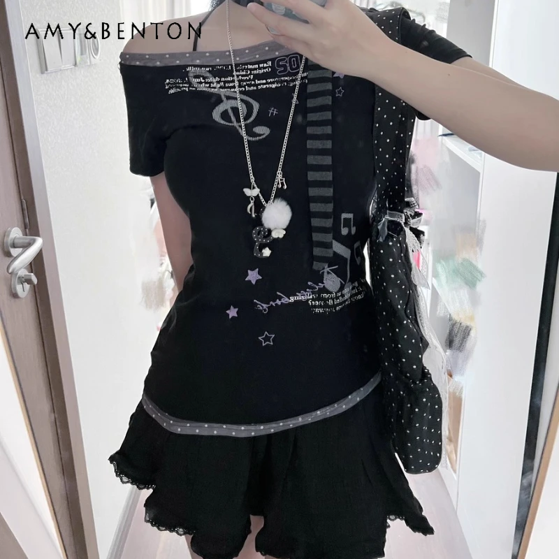 

Japanese Design Black Fake Two-Piece Color-Block Polka Dot Print Irregular Women's Top New Sweet Cute Versatile T-Shirt Ladies